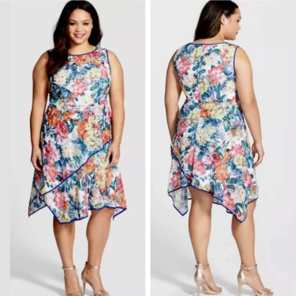 Adrianna Papell Floral Print Asymmetrical Fit & Flare Dress Lettuce Trim - Picture 1 of 14